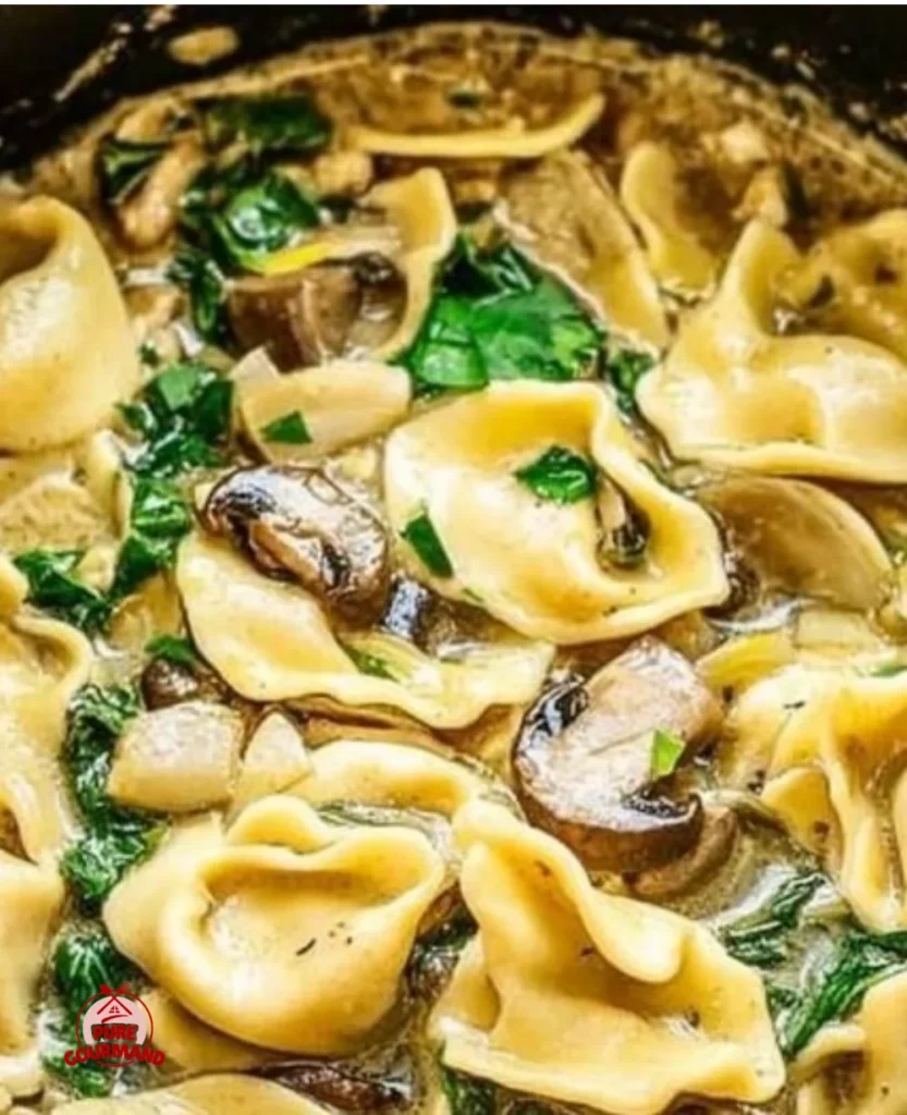One pot tortellini dish with mushrooms, perfect for an easy dinner recipe