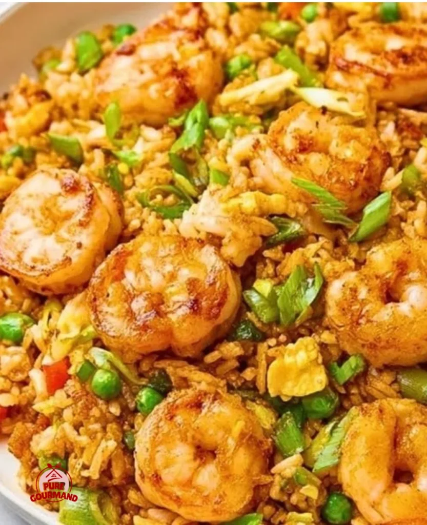 One skillet shrimp fried rice served in a bowl with vegetables and shrimp