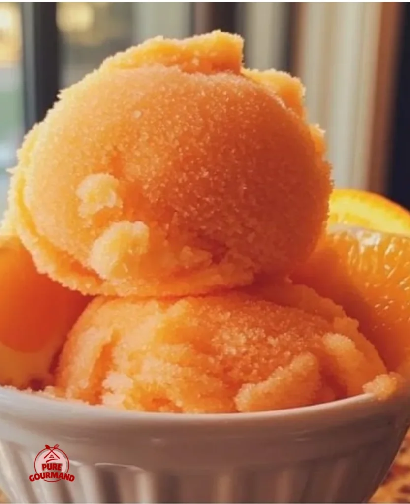 Delicious Orange Crush Sherbet in a bowl with a bright orange color.