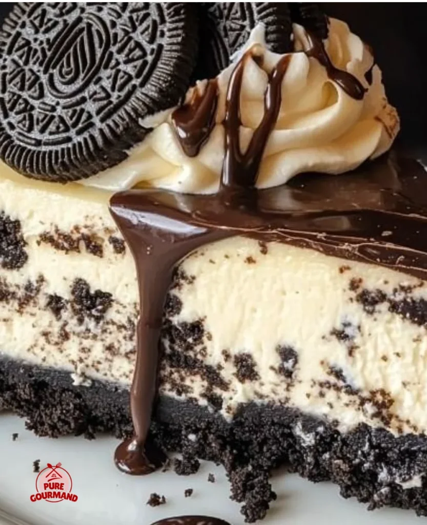 Slice of Oreo cheesecake topped with crushed Oreos and whipped cream