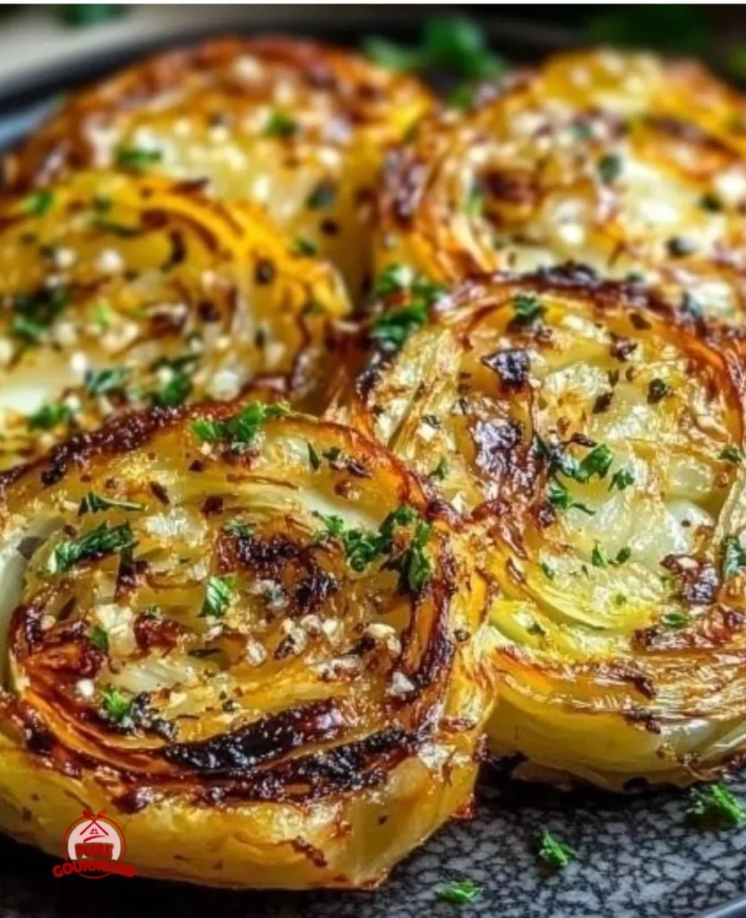 Oven roasted garlic cabbage steaks served on a plate with herbs.
