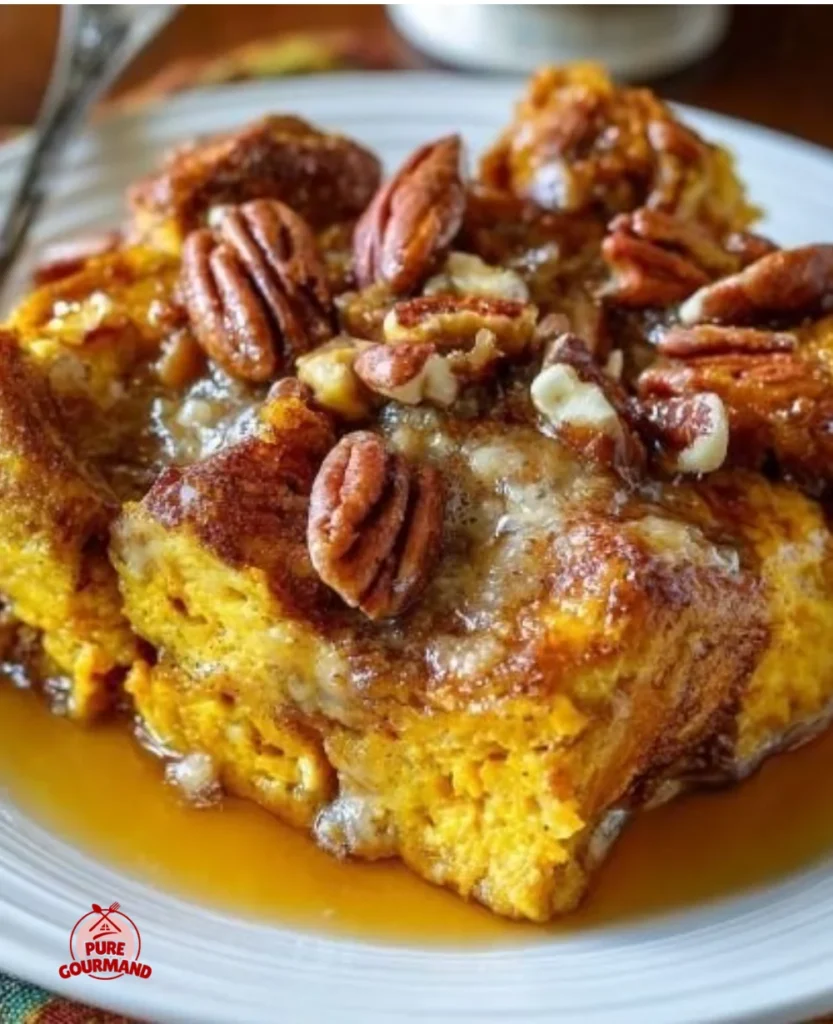 Overnight Pumpkin French Toast Casserole served in a warm dish