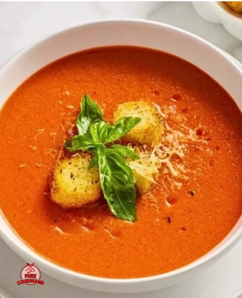 Delicious Panera Bread style tomato soup in a bowl with fresh basil.