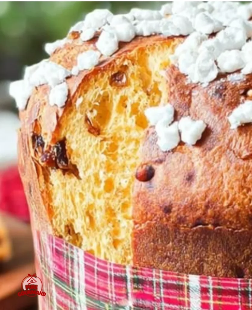 Delicious panettone, a traditional Italian Christmas bread, served on a festive table.