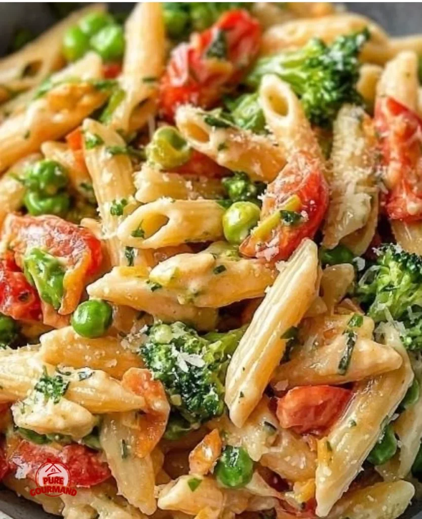 A vibrant bowl of Pasta Primavera with fresh vegetables and herbs.