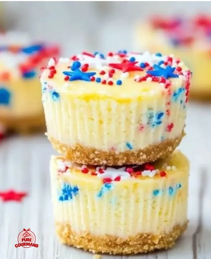 Patriotic mini cheesecakes on a serving platter decorated with red, white, and blue.