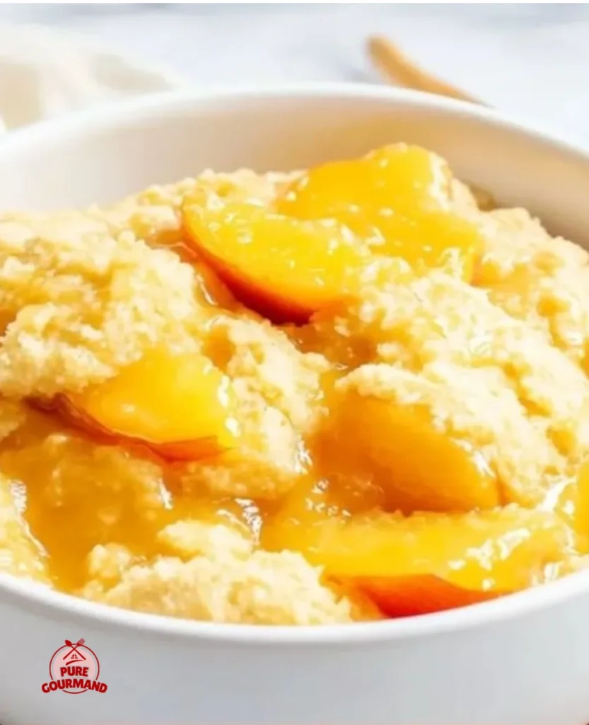 Delicious homemade peach cobbler served warm with ice cream