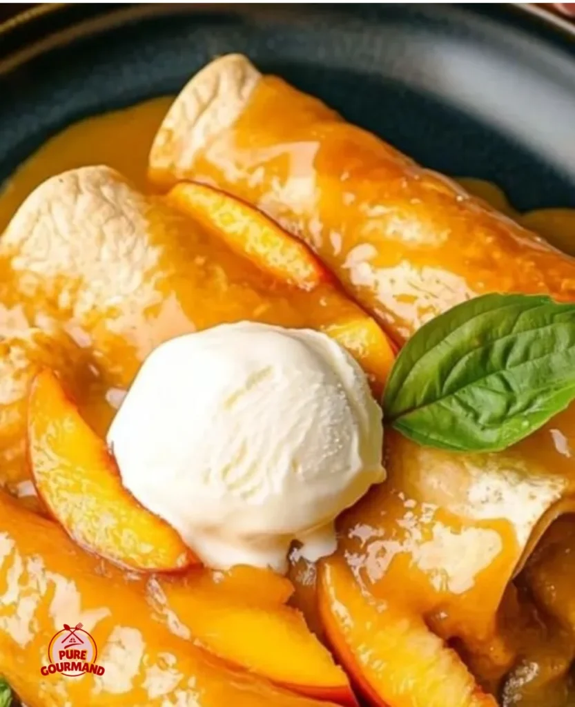 Delicious Peach Pie Enchiladas topped with cinnamon and whipped cream