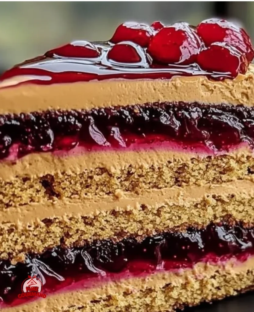 Slice of homemade Peanut Butter Jelly Cake on a plate with a fork