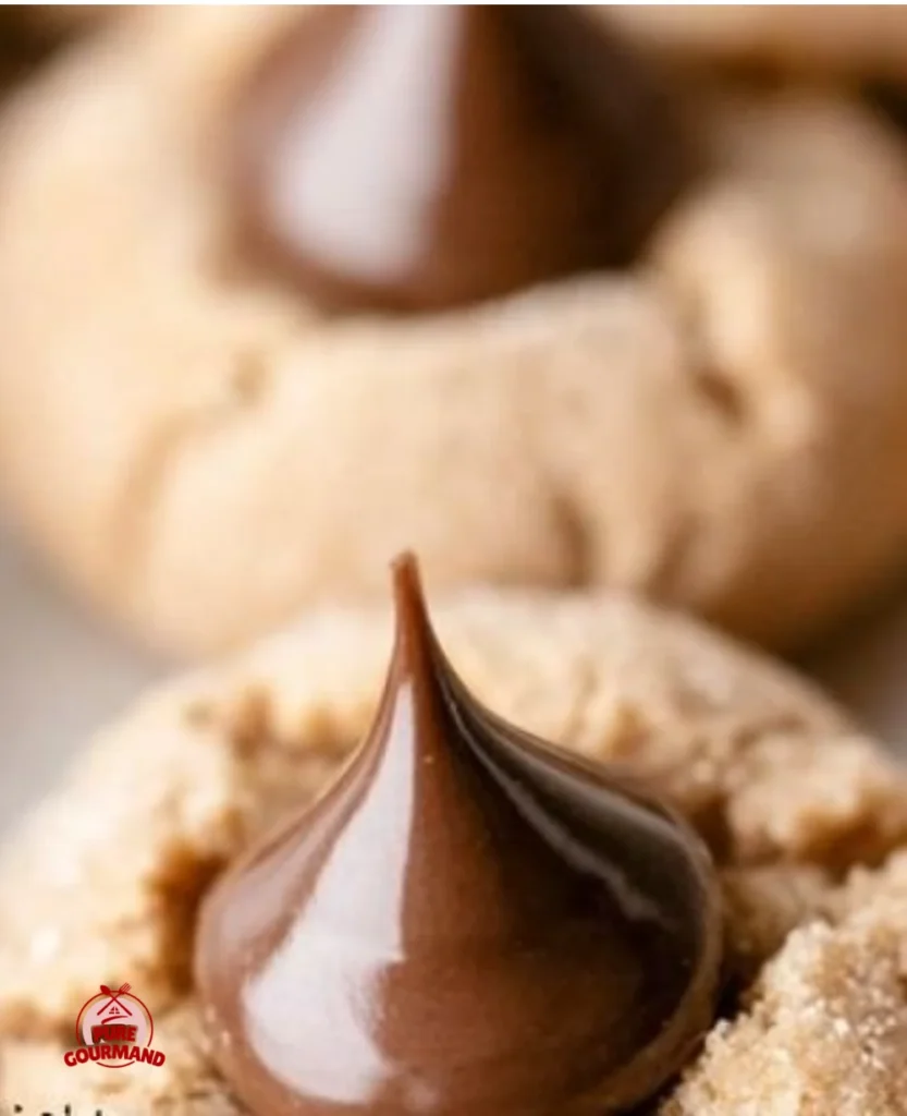 Freshly baked peanut butter blossoms cookies topped with chocolate kisses