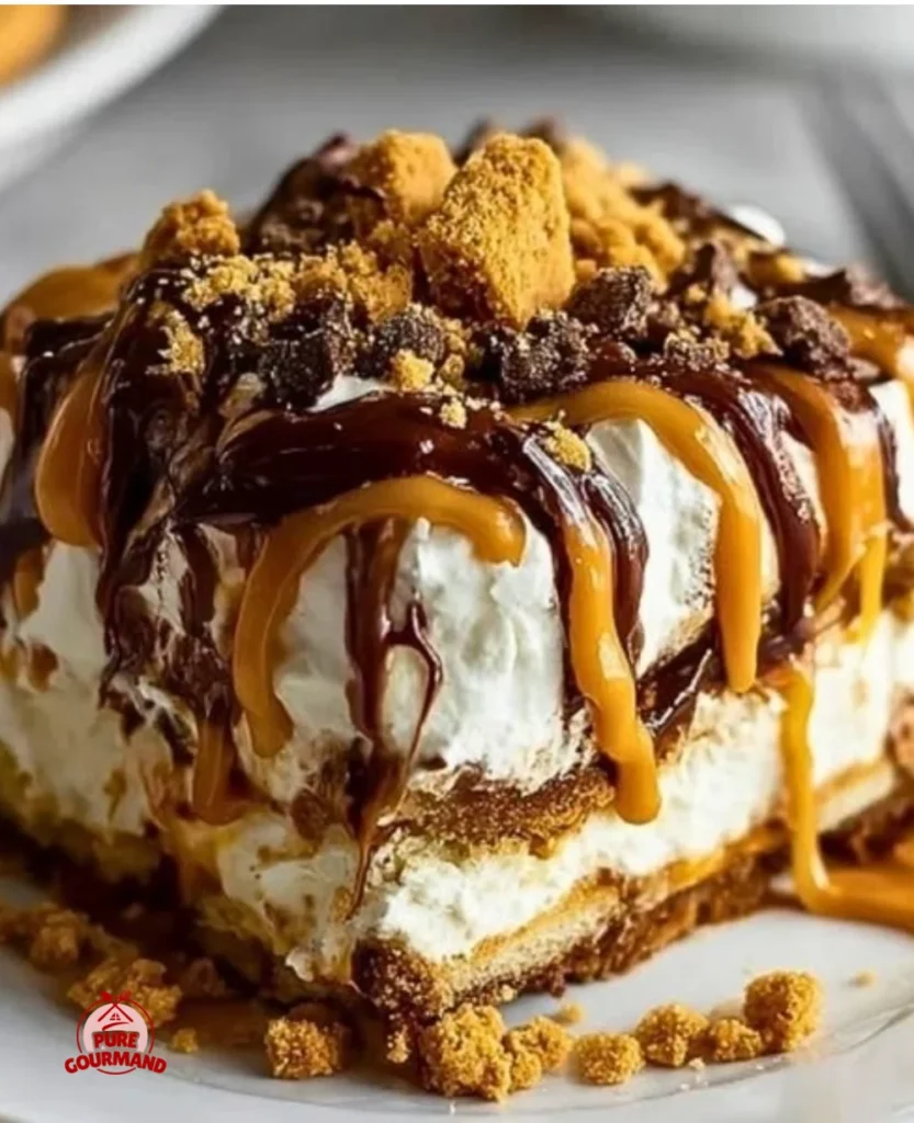 Delicious Peanut Butter Cookie Lasagna with creamy layers and chocolate drizzle