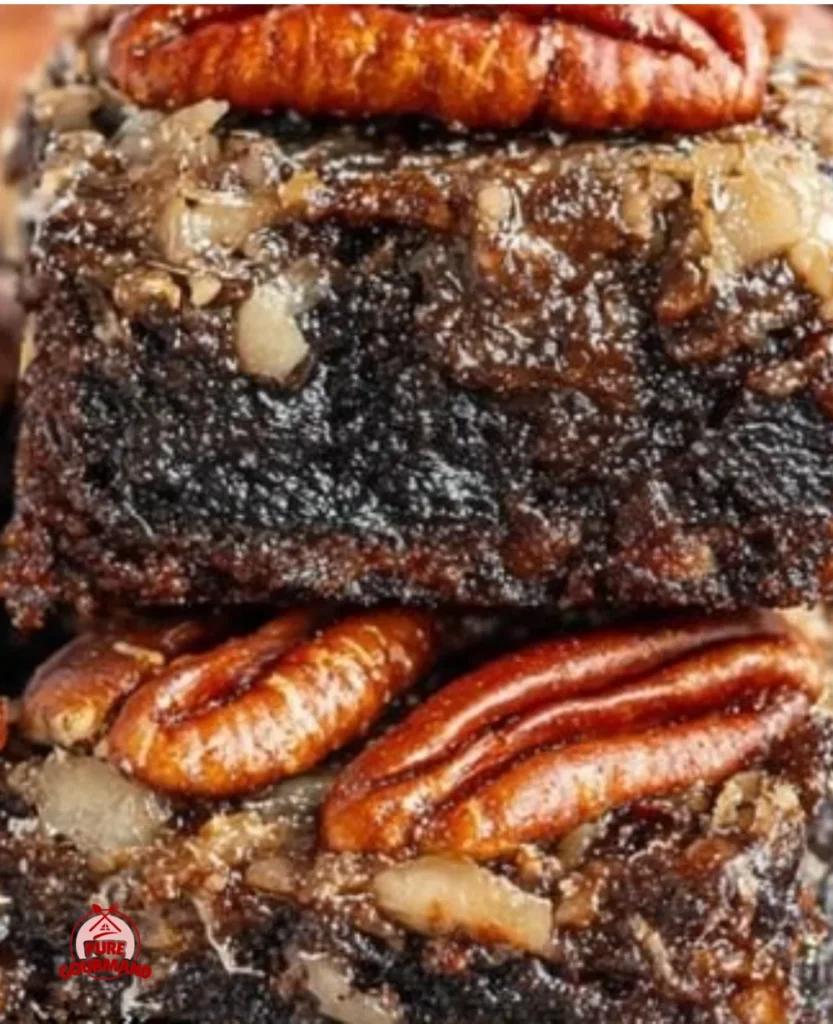 Delicious pecan pie brownies topped with pecans and chocolate drizzle