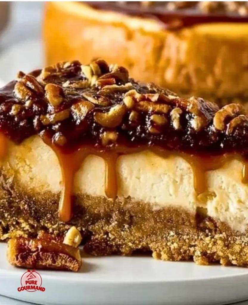 Delicious pecan pie cheesecake slice topped with caramel and pecans.