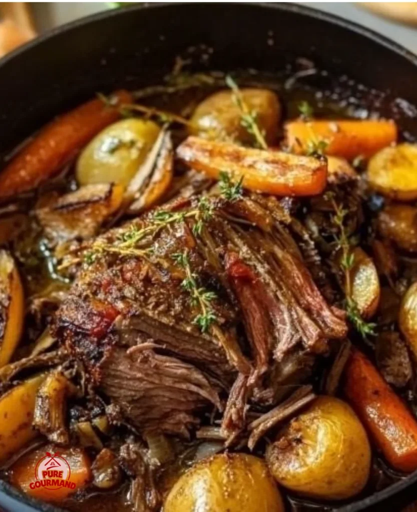 Delicious pot roast served with vegetables and gravy on a plate