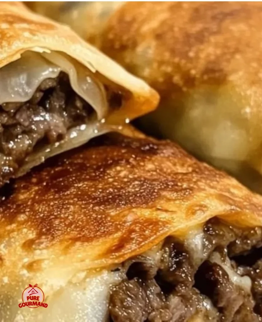 Delicious crispy Philly cheesesteak egg rolls filled with melted cheese and beef.
