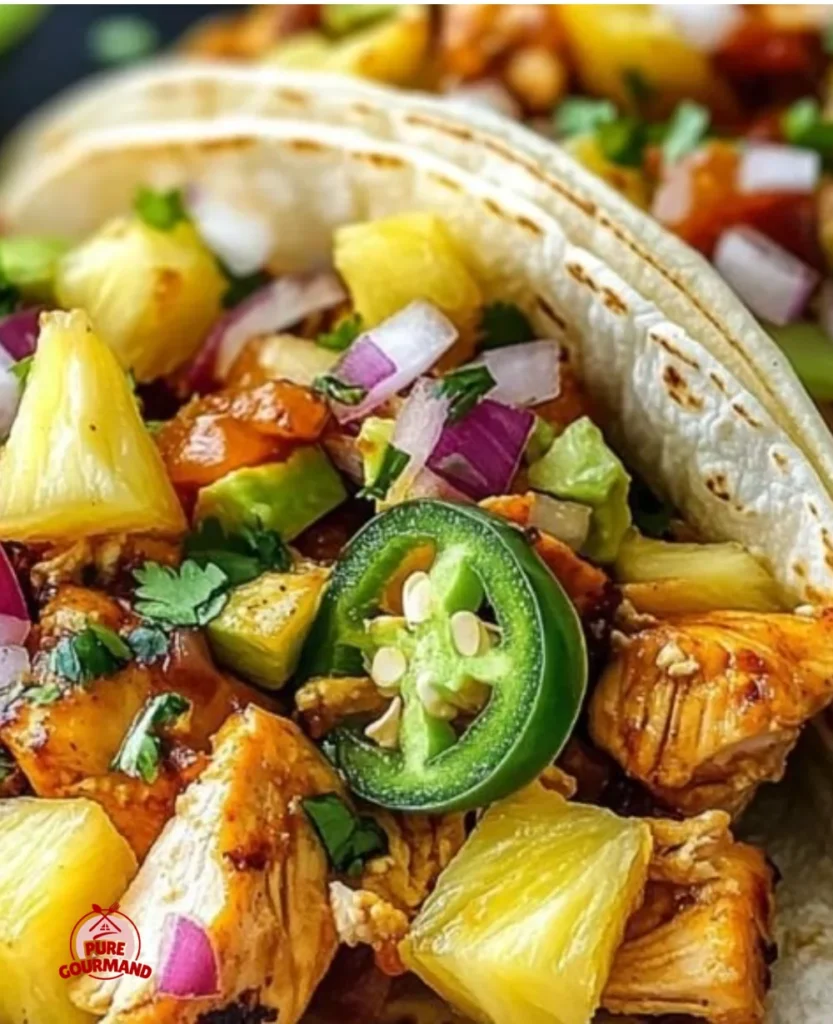 Delicious Pineapple Chicken Tacos topped with fresh ingredients