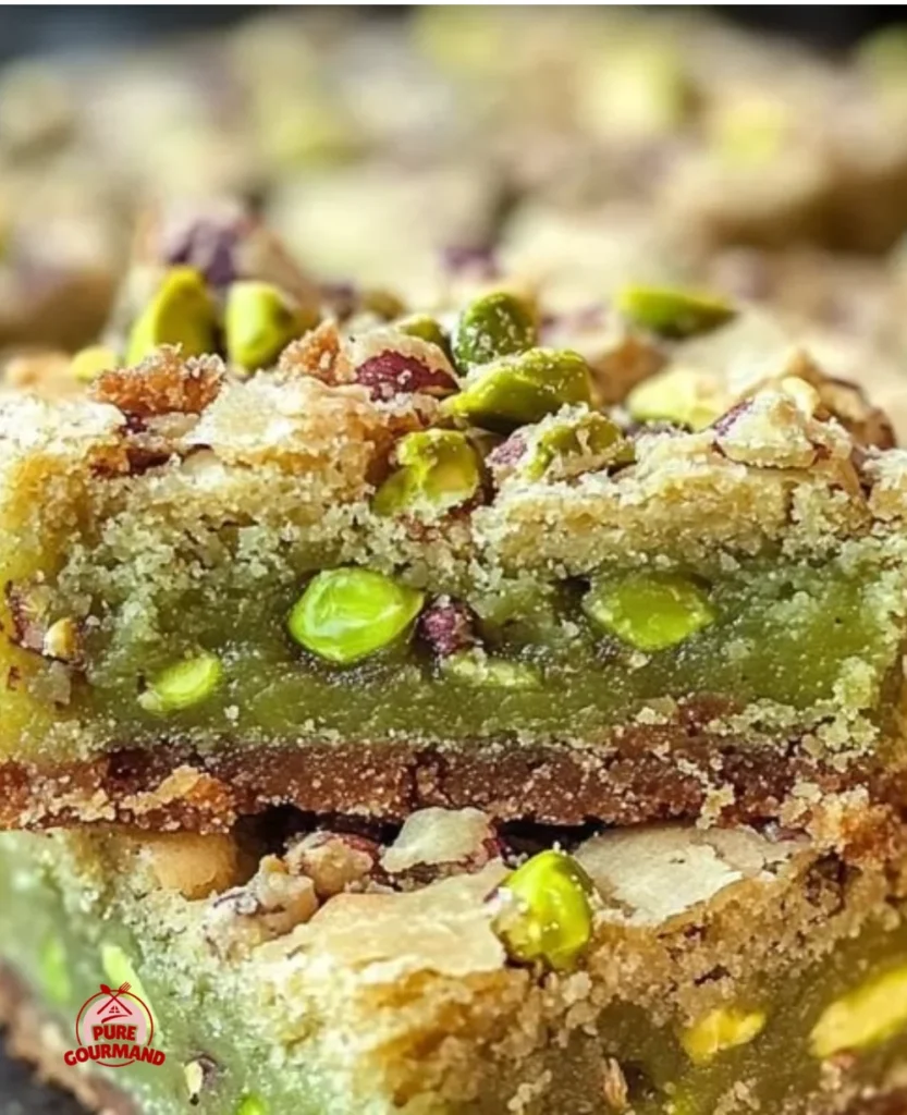 Delicious pistachio cookie bars topped with crushed nuts