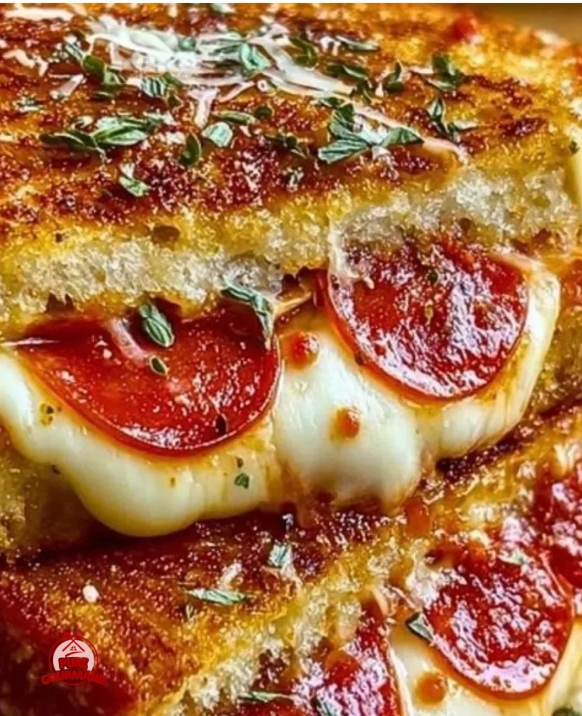 A delicious pizza grilled cheese sandwich with melted cheese and toppings
