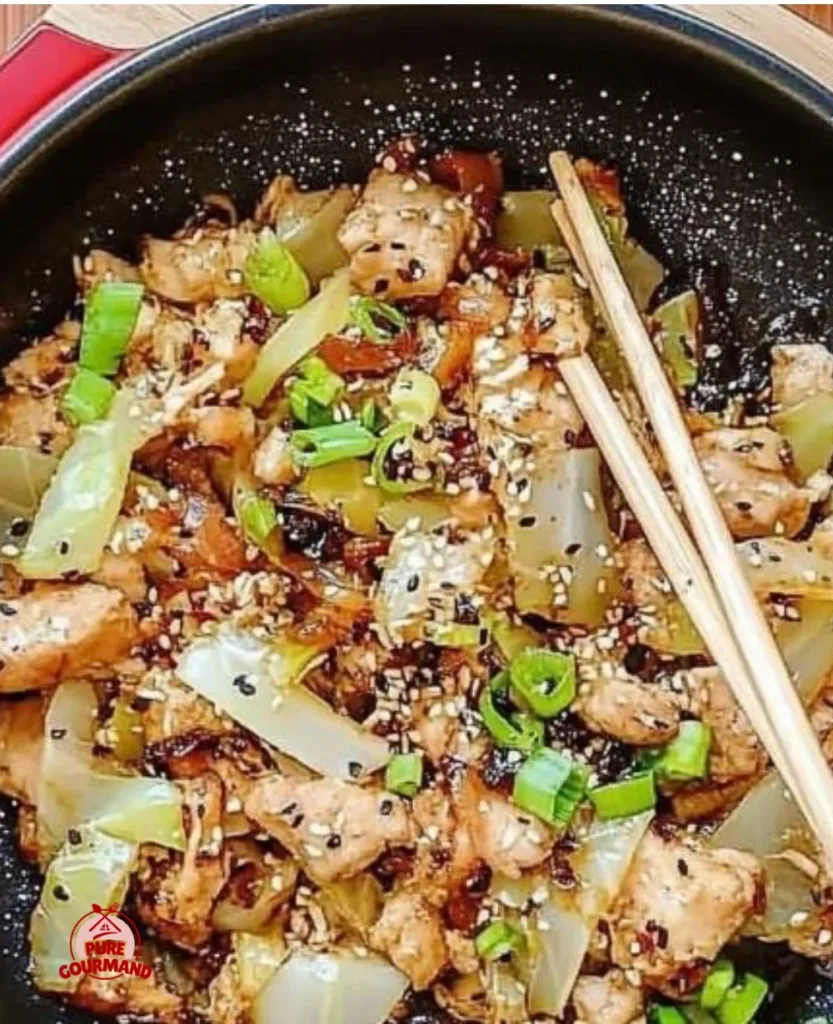 Delicious chicken cabbage stir fry served in a colorful bowl