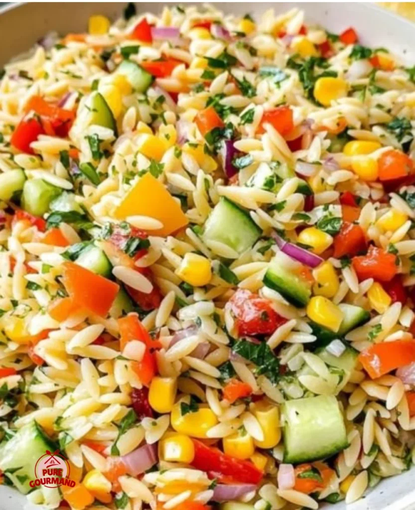 Colorful Rainbow Orzo Salad with fresh vegetables and vibrant ingredients