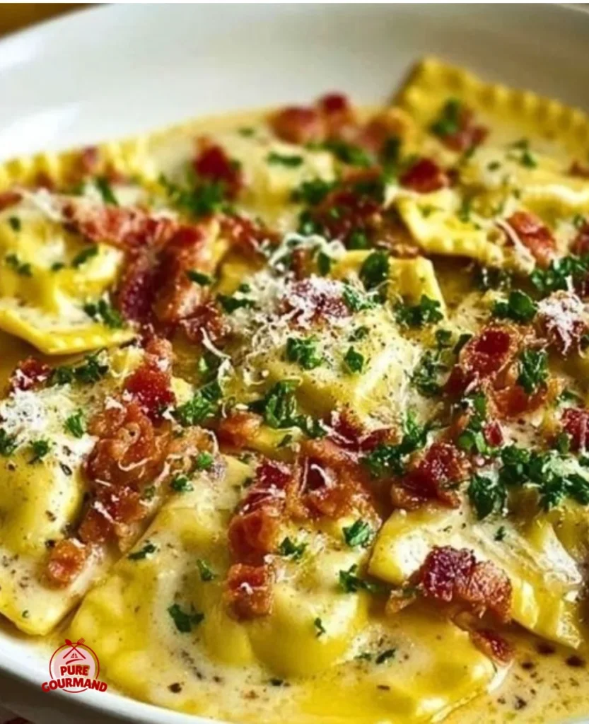 Plate of delicious Ravioli Carbonara topped with cheese and herbs