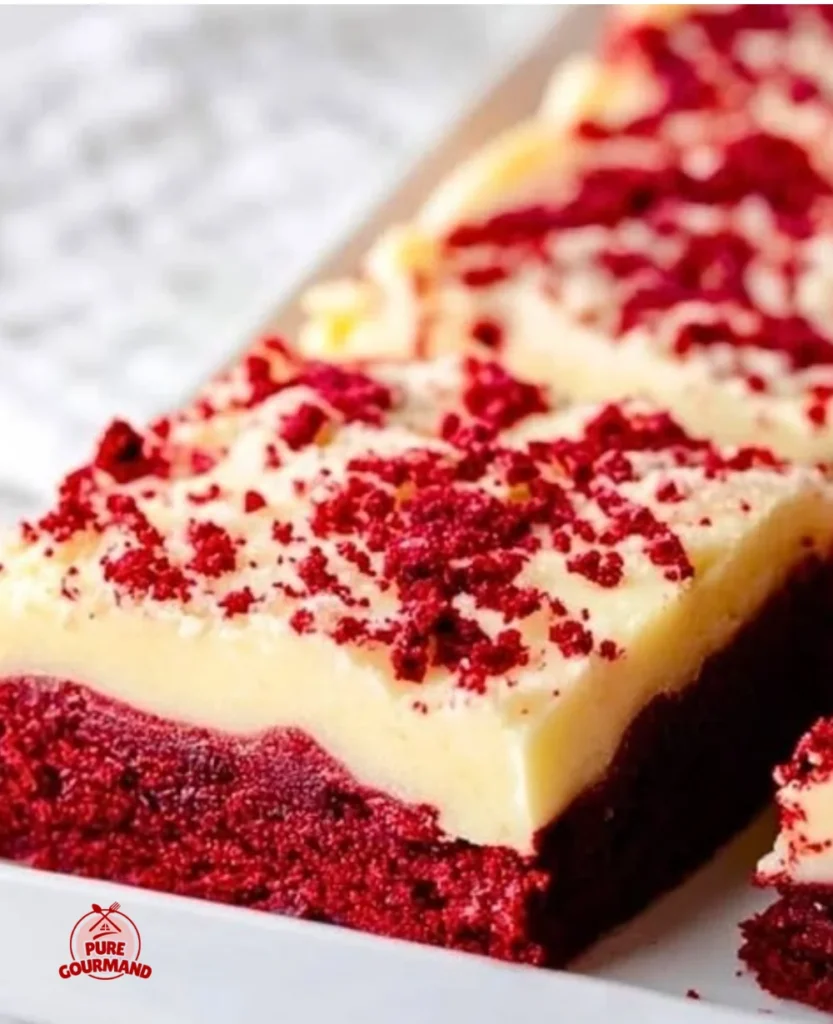 Delicious red velvet cookie bars topped with cream cheese frosting