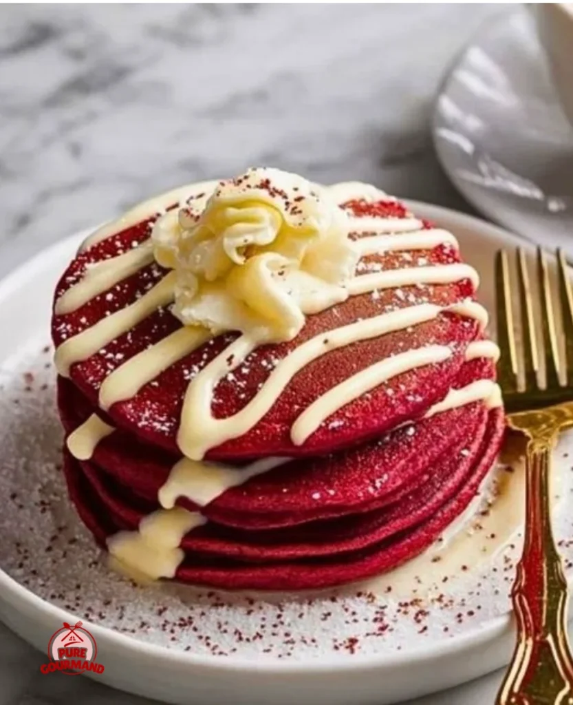 Delicious homemade red velvet pancakes stacked with cream cheese frosting