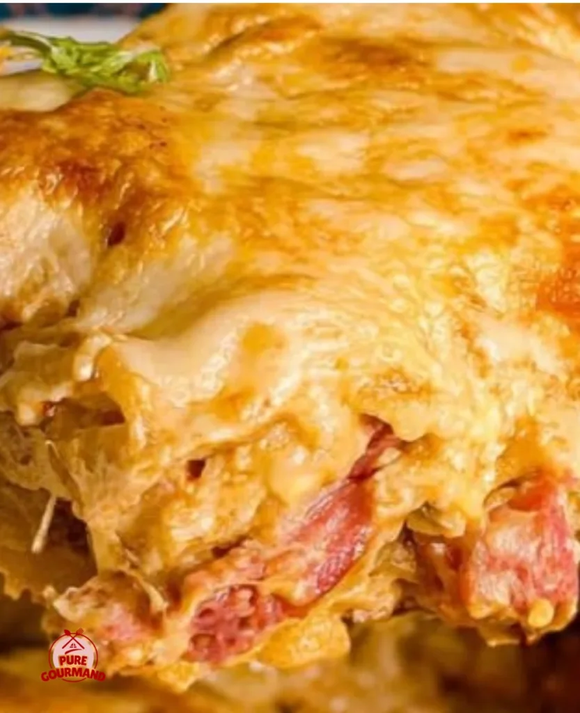 Delicious Reuben casserole with corned beef, sauerkraut, Swiss cheese, and Thousand Island dressing.