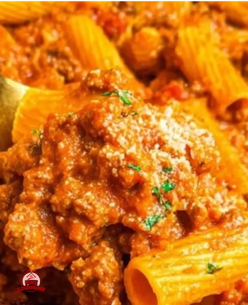 Delicious plate of Rigatoni Bolognese topped with fresh parsley and grated parmesan cheese.
