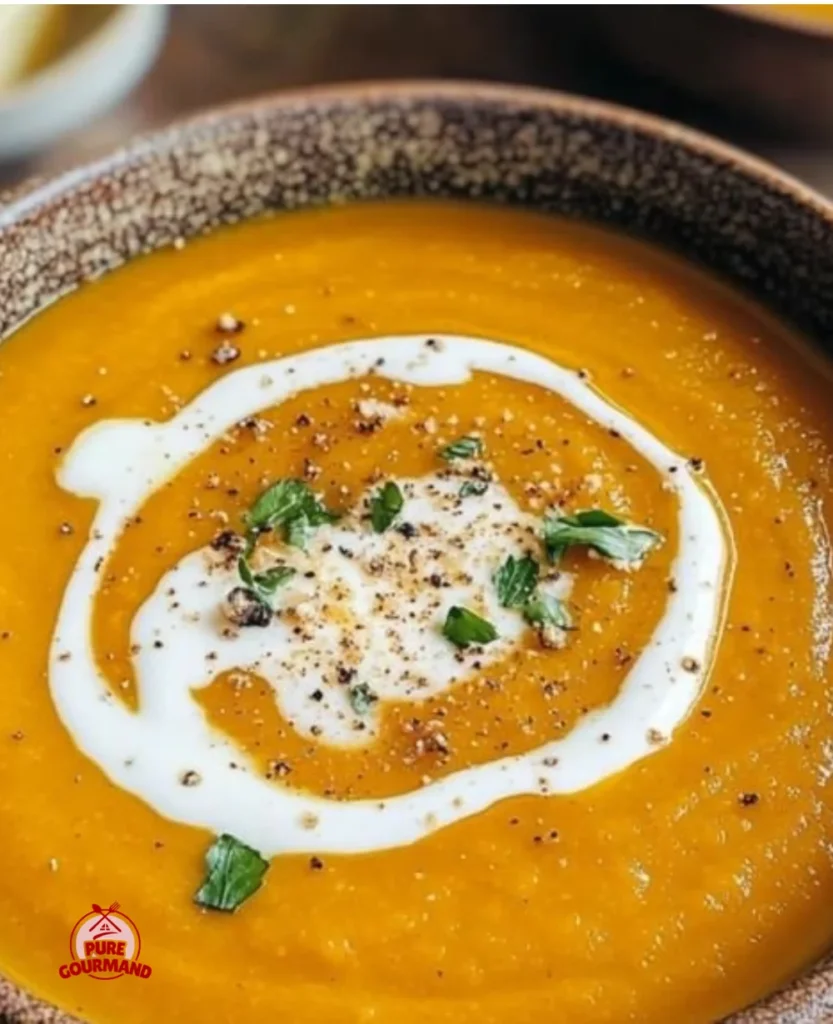 A bowl of creamy roasted pumpkin soup garnished with herbs and spices.