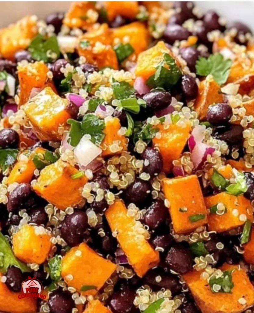 Roasted sweet potato black bean quinoa salad in a vibrant bowl