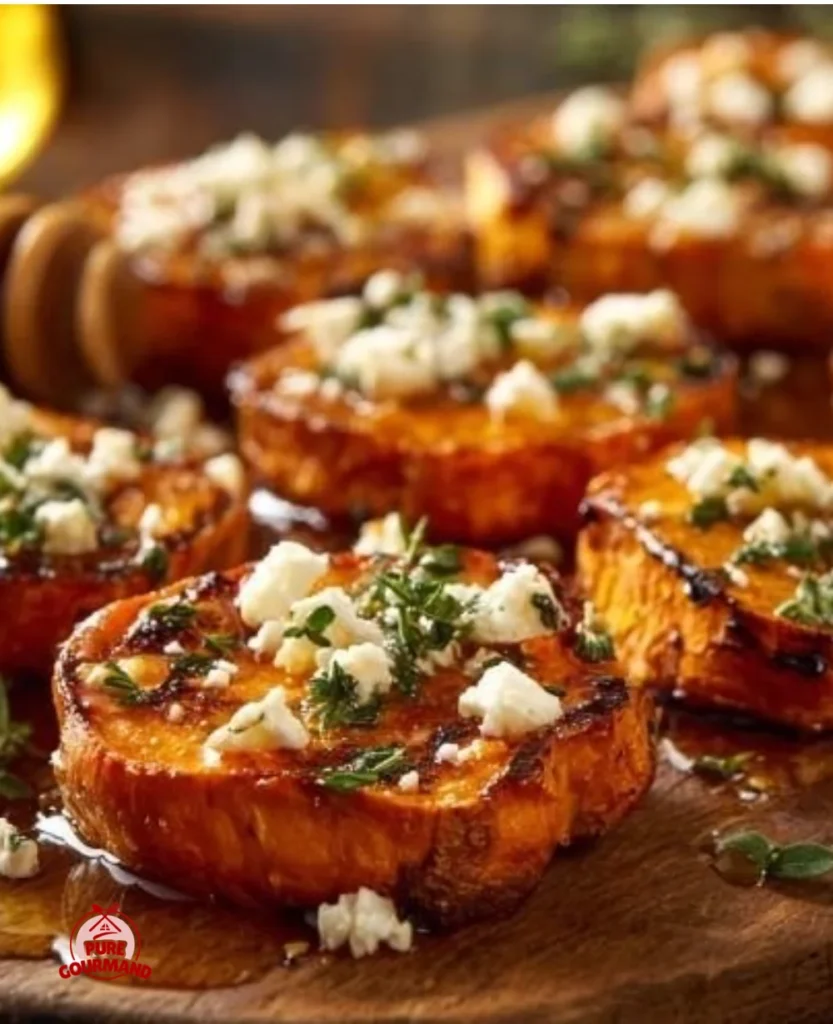 Roasted sweet potato rounds drizzled with honey and sprinkled with feta cheese
