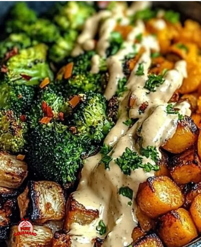 Colorful roasted veggie bliss bowls with fresh ingredients served in a bowl