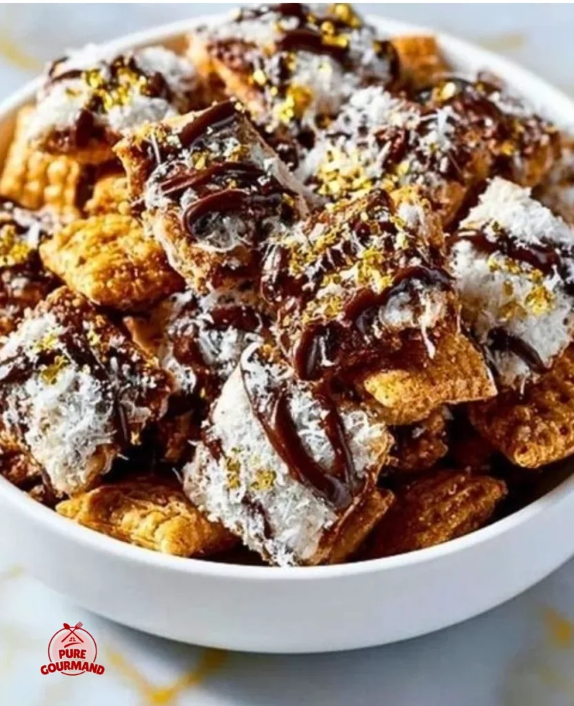 Delicious Samoas Puppy Chow with chocolate and coconut flavors in a bowl