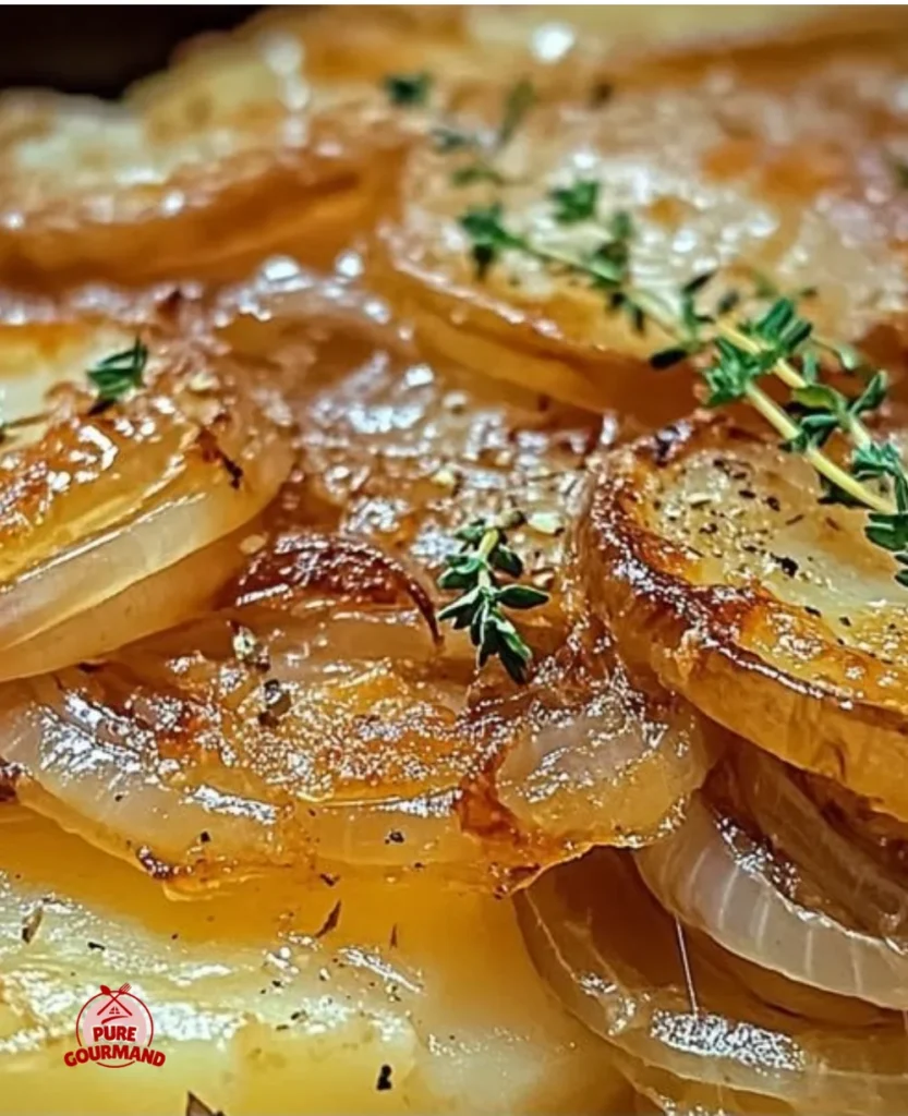 Savory French Onion Potato Bake with layers of potatoes and onions