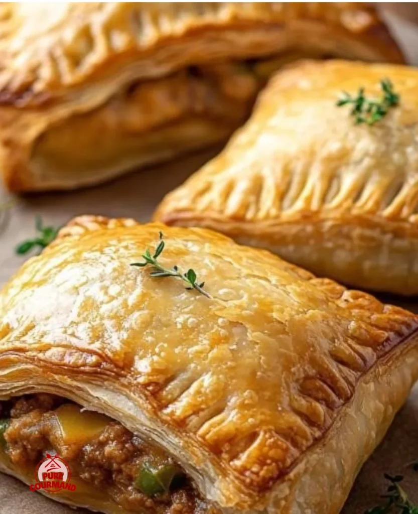 Golden brown savory hand pies filled with delicious ingredients on a rustic table.