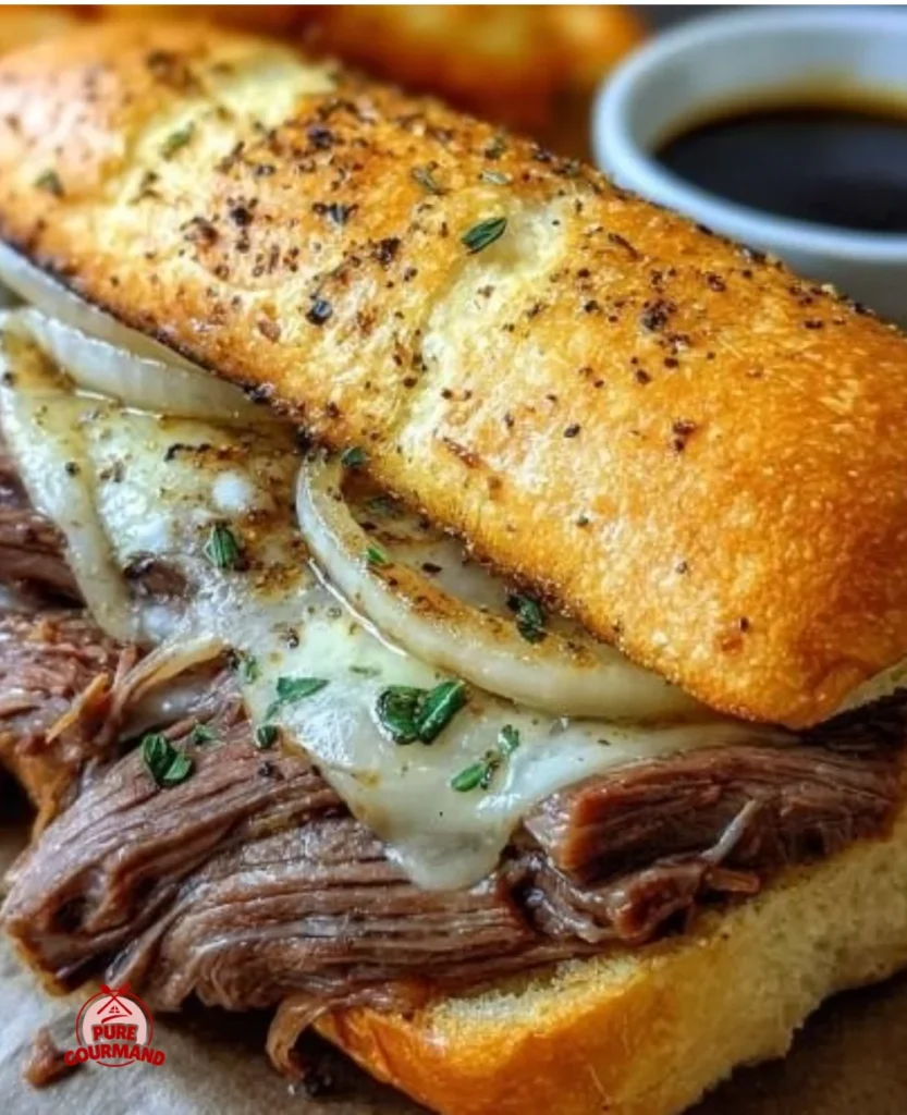 Savory roasted French dip sandwich served with dipping broth