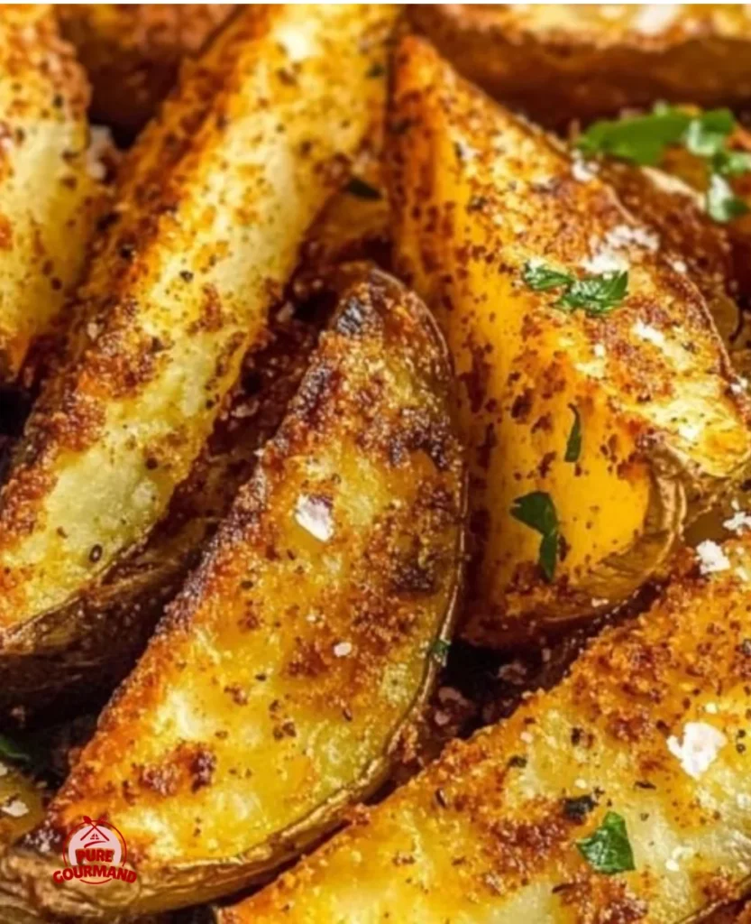 Crispy seasoned baked potato wedges served on a plate with a dipping sauce
