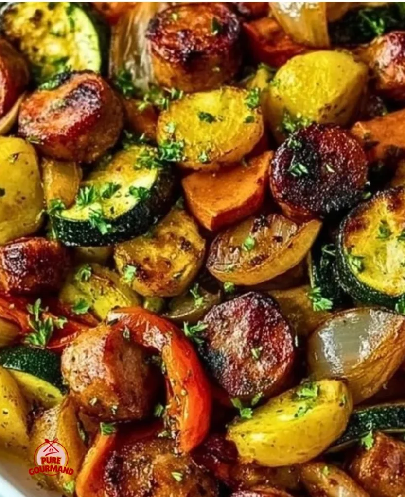 Sheet pan filled with colorful sausage and veggies, perfect for a quick weeknight dinner.