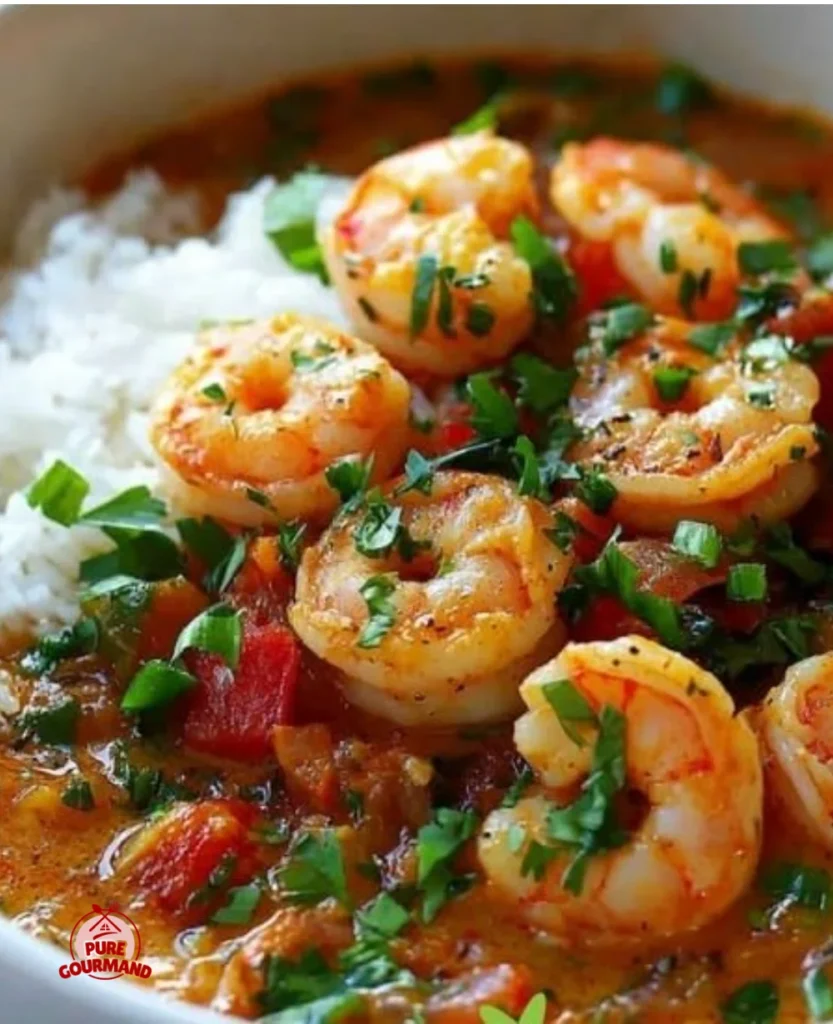 Bowl of shrimp etouffee garnished with green onions and served with rice