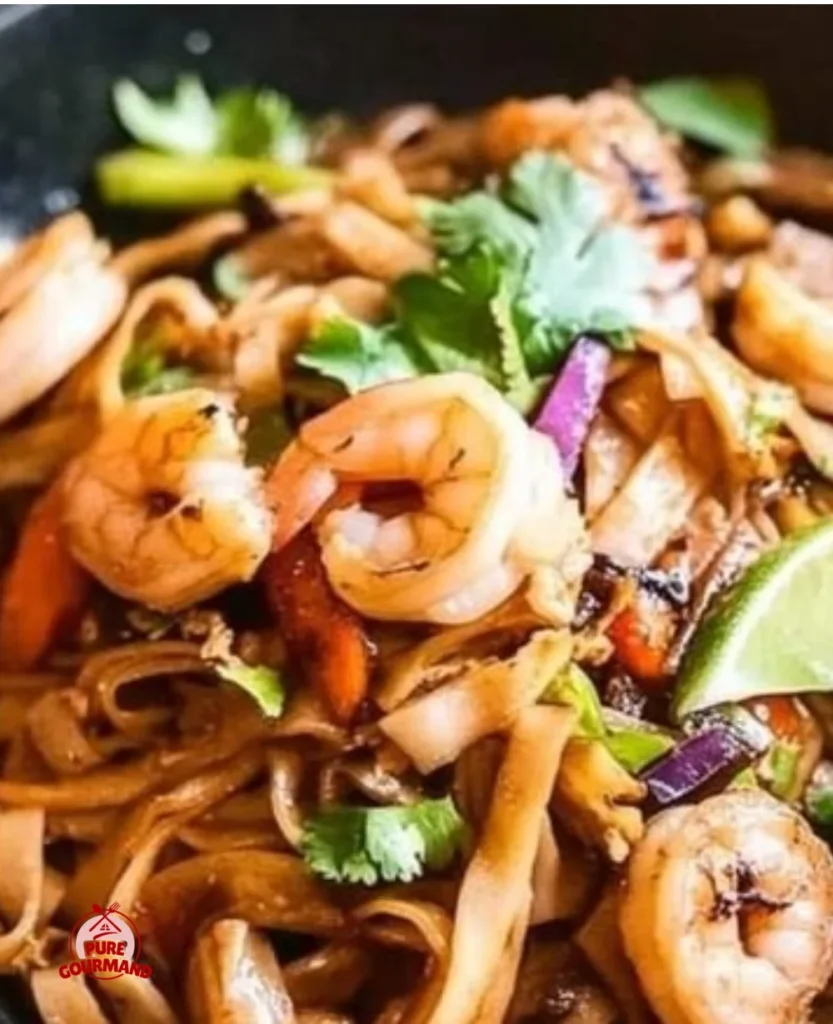 Delicious Shrimp Pad Thai served with lime and peanuts on top