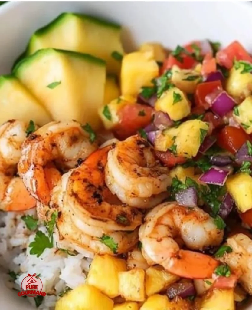 Shrimp rice bowl topped with fresh pineapple salsa served in a vibrant dish