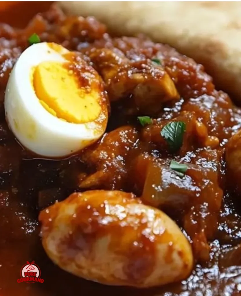 A delicious bowl of Doro Wat, the Ethiopian spicy chicken stew served with injera.