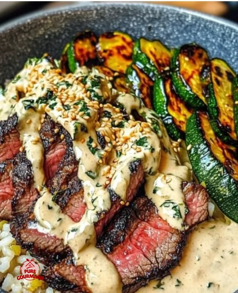 Grilled Steak Bowl featuring tender steak and creamy zucchini sauce