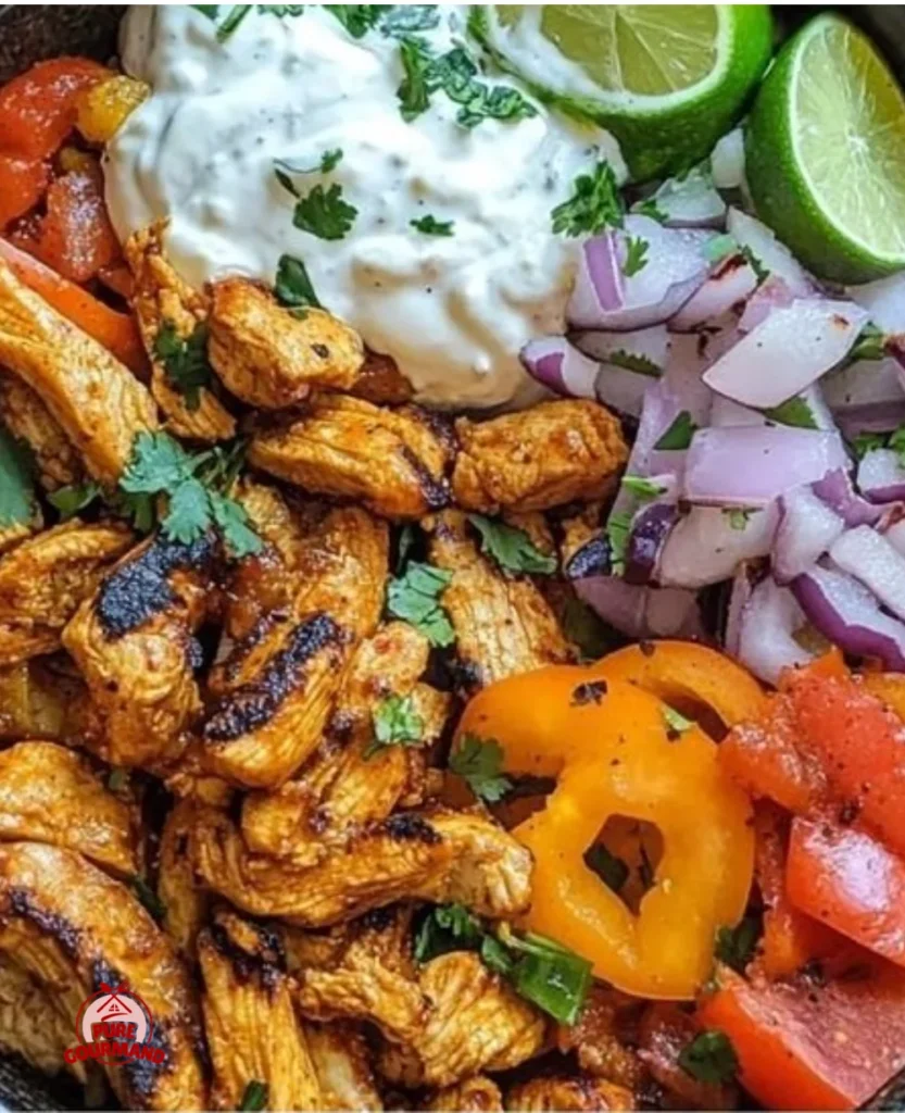 Delicious sizzling chicken fajita bowl with vibrant vegetables and spices