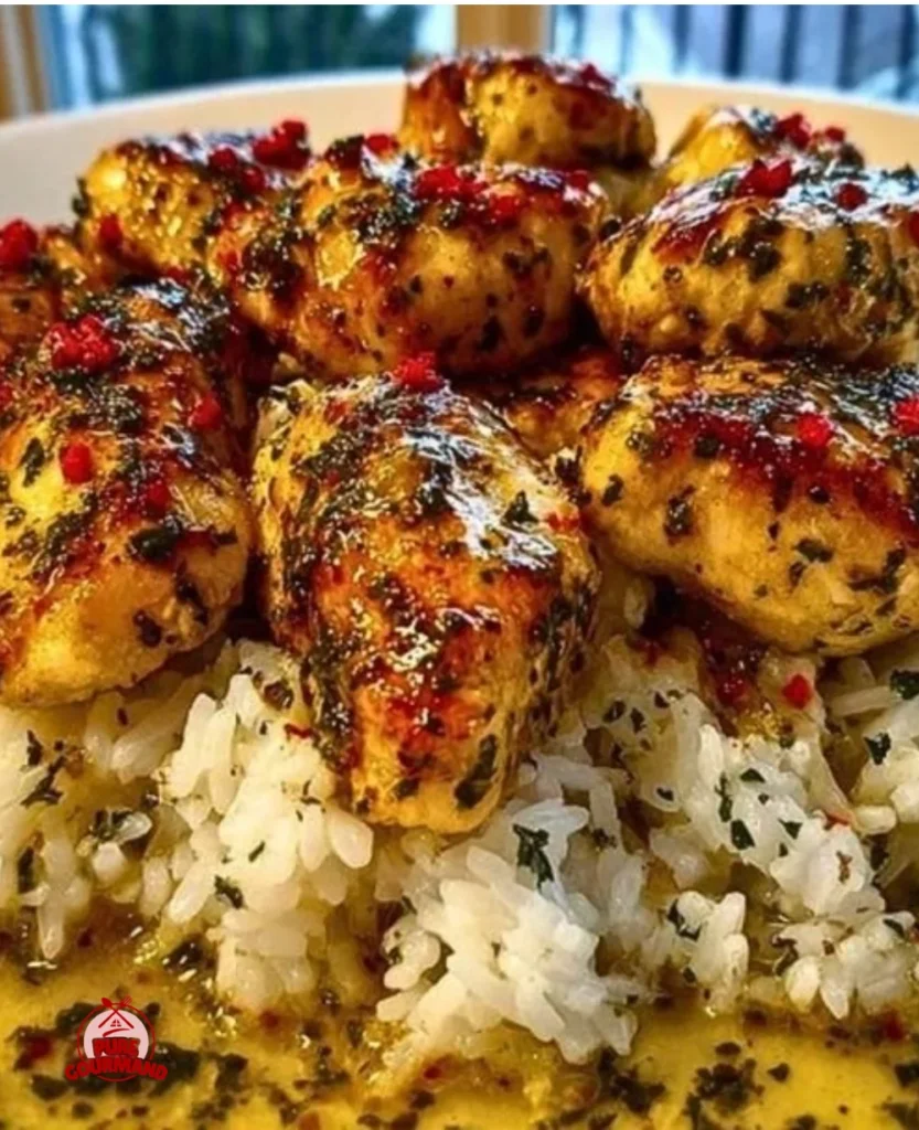Sizzling chicken scampi served with creamy garlic parmesan rice.
