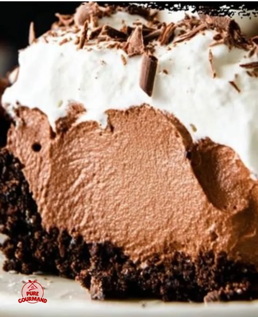Sky High Chocolate Mousse Pie with chocolate shavings on top