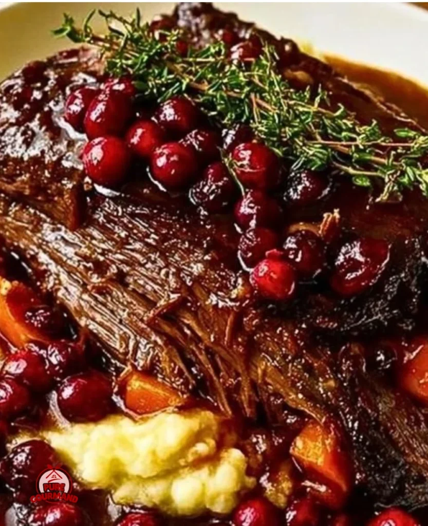 Slow-braised beef roast with cranberry balsamic glaze served on a plate
