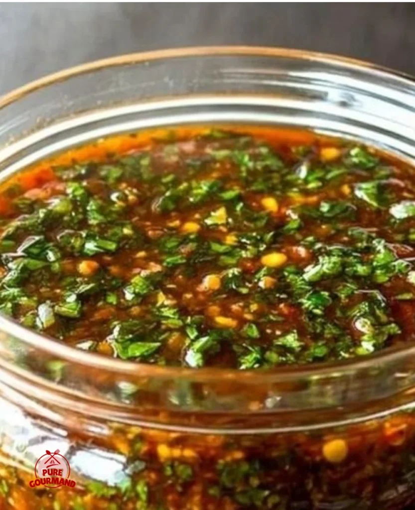Delicious smoky red chimichurri sauce drizzled over grilled steak