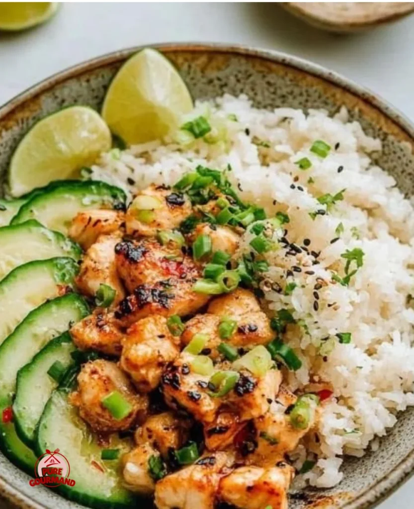 Delicious spicy salmon bowl served with coconut rice and fresh veggies.